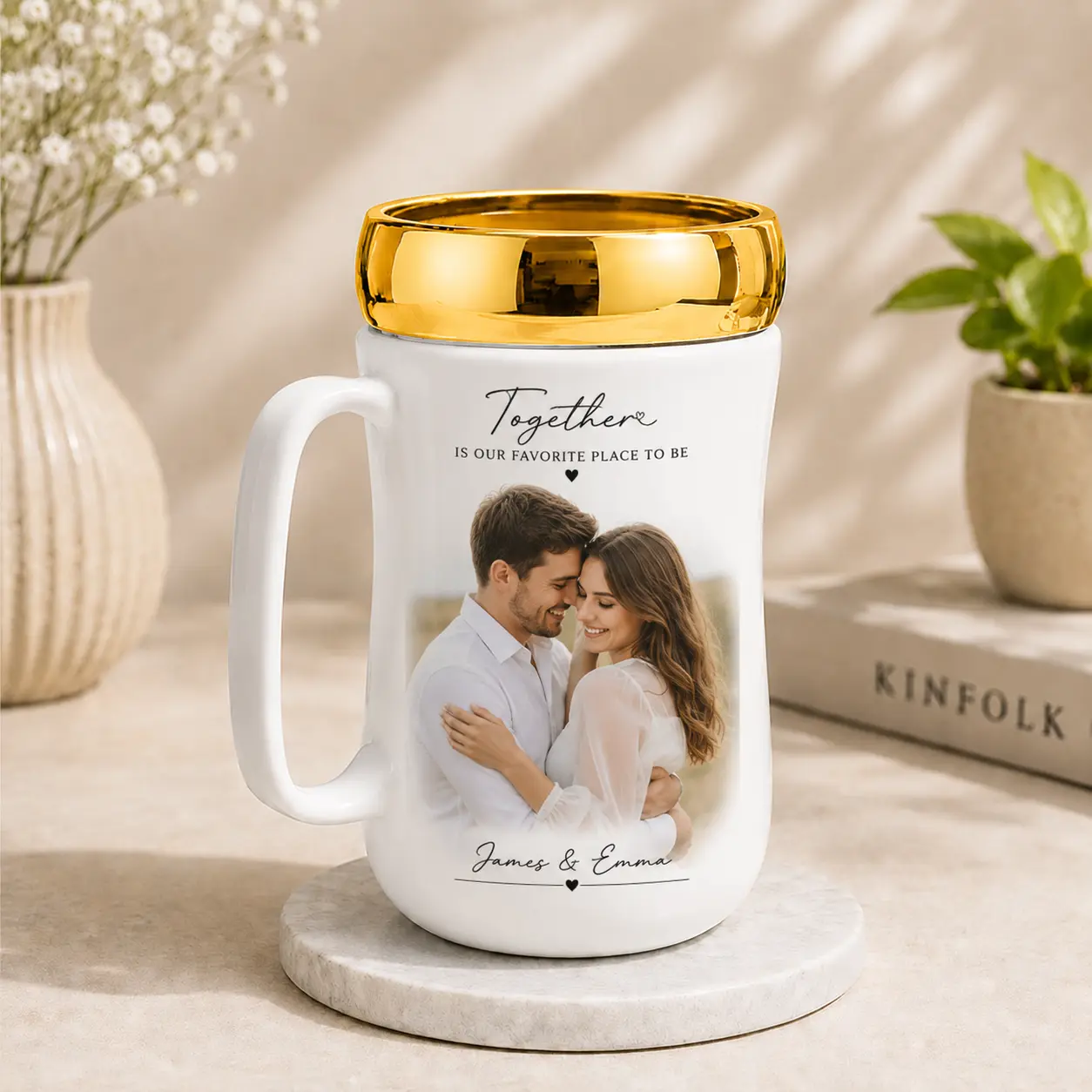 Golden-colored mirror lid ceramic mug customized